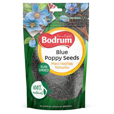 A 100g pack of Bodrum Blue Poppy Seeds, labeled as sun dried and 100% natural with no artificial colors or additives, features a floral design on top.