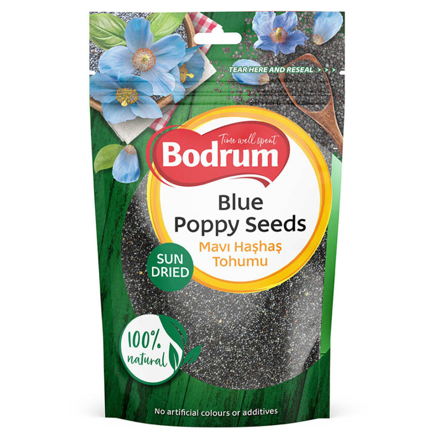 A 100g pack of Bodrum Blue Poppy Seeds, labeled as sun dried and 100% natural with no artificial colors or additives, features a floral design on top.