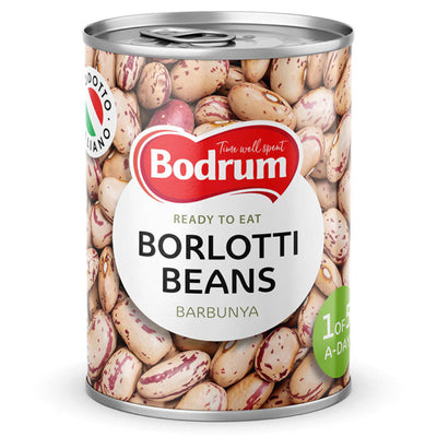 A 400g can of Bodrum Borlotti Beans, featuring the brand's label with images of borlotti beans and product details.