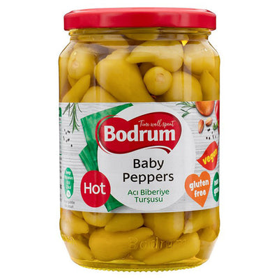 Bodrum Baby Peppers 640g – yellow hot mini peppers in a glass jar, perfect for snacking or stuffing; vegan and gluten free.