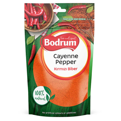 A 100g packet of Bodrum Cayenne Pepper features "Kirmizi Biber," "100% natural" labeling, and images of red chili peppers and ground spice on the packaging.