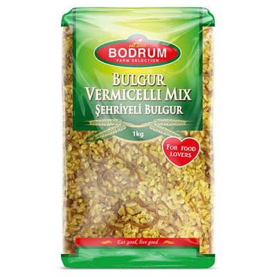 A 1kg bag of Bodrum Coarse Bulgur Wheat with Vermicelli (Şehriyeli), branded Bodrum, features yellow and green packaging and visible grains inside.