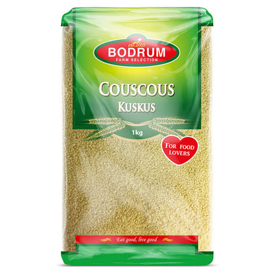 A 1kg package of Bodrum Cous Cous features green and red packaging with the product name and the phrase "For Food Lovers" on the front.