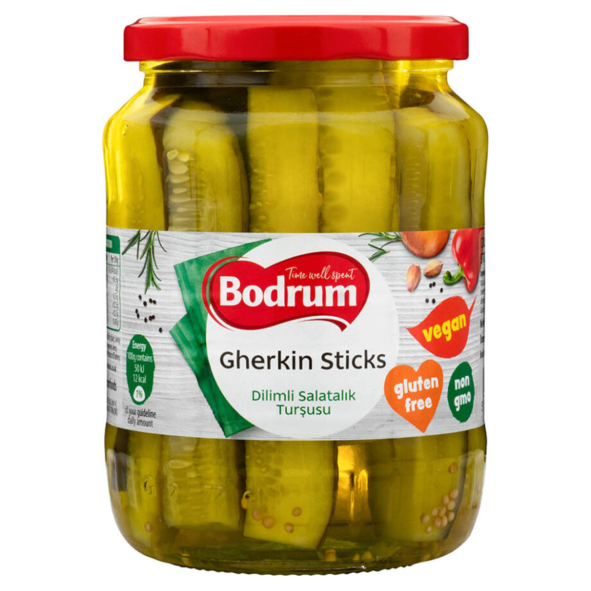 A jar of Bodrum Gherkins Sticks featuring a red lid, with labels emphasizing "vegan," "gluten free," and "non GMO.