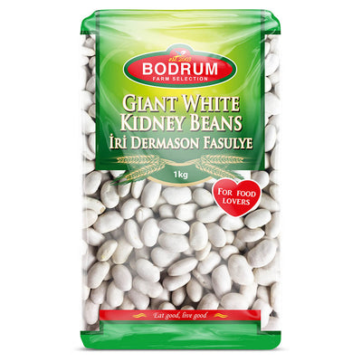A 1kg bag of Bodrum Giant White Kidney Beans from Bodrum, featuring green and red packaging.