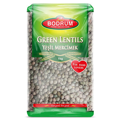 A 1kg package of Bodrum Green Lentils with green and red labels, featuring the product name in both English and Turkish.