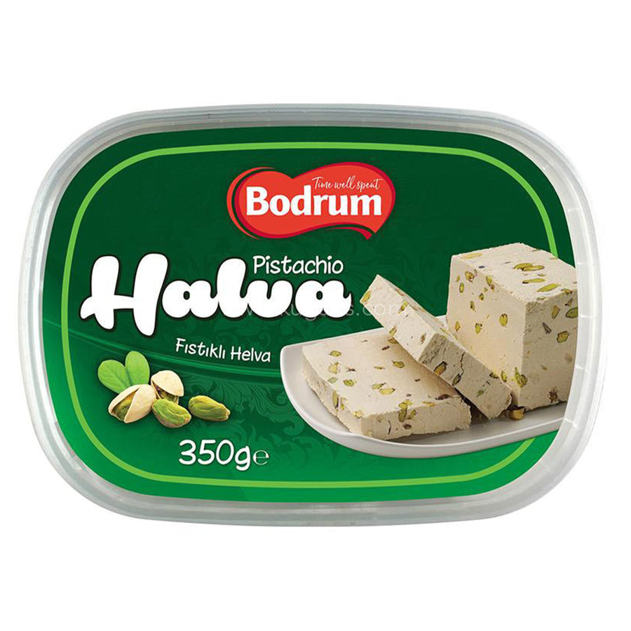 A 350g plastic container of Bodrum Halva Pistachio, featuring an image of halva slices and pistachios on the label.