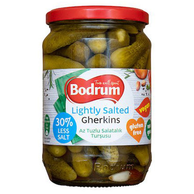 Bodrum Lightly Salted Gherkins 680g—pickled cucumbers with 30% less salt, gluten free, and vegan—make a tasty and healthier snack choice.