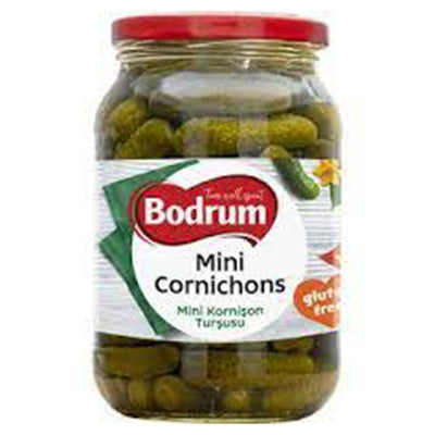A 480g jar of Bodrum Mini Cornichons comes with a red lid and a front label declaring it “gluten free.”.