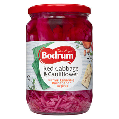 A 680g jar of Bodrum Pickled Red Cabbage & Cauliflower, with a red lid and a bilingual English-Turkish label.