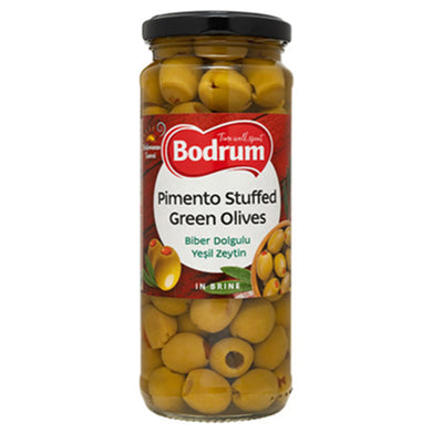 A 320g jar of Bodrum brand Pimento Stuffed Green Olives.