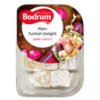 Bodrum Plain Turkish Delight 200g, made with authentic ingredients and dusted with powdered sugar, comes in a plastic container featuring the Bodrum label and an image of assorted Turkish Delight.