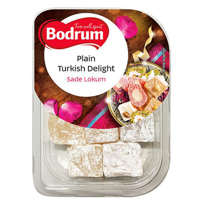Bodrum Plain Turkish Delight 200g, made with authentic ingredients and dusted with powdered sugar, comes in a plastic container featuring the Bodrum label and an image of assorted Turkish Delight.