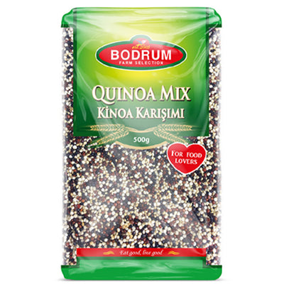 A 500g pack of Bodrum - Quinoa Mix by Bodrum, featuring a green label and a blend of white, red, and black quinoa grains.