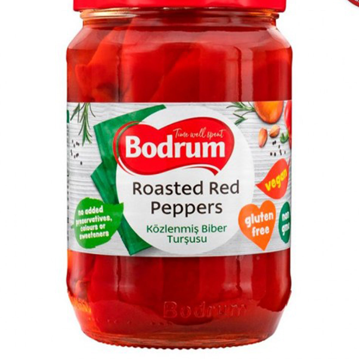 A jar of Bodrum Roasted Red Peppers, weighing 1580g, with labels indicating "no added preservatives," "gluten-free," and "vegan.