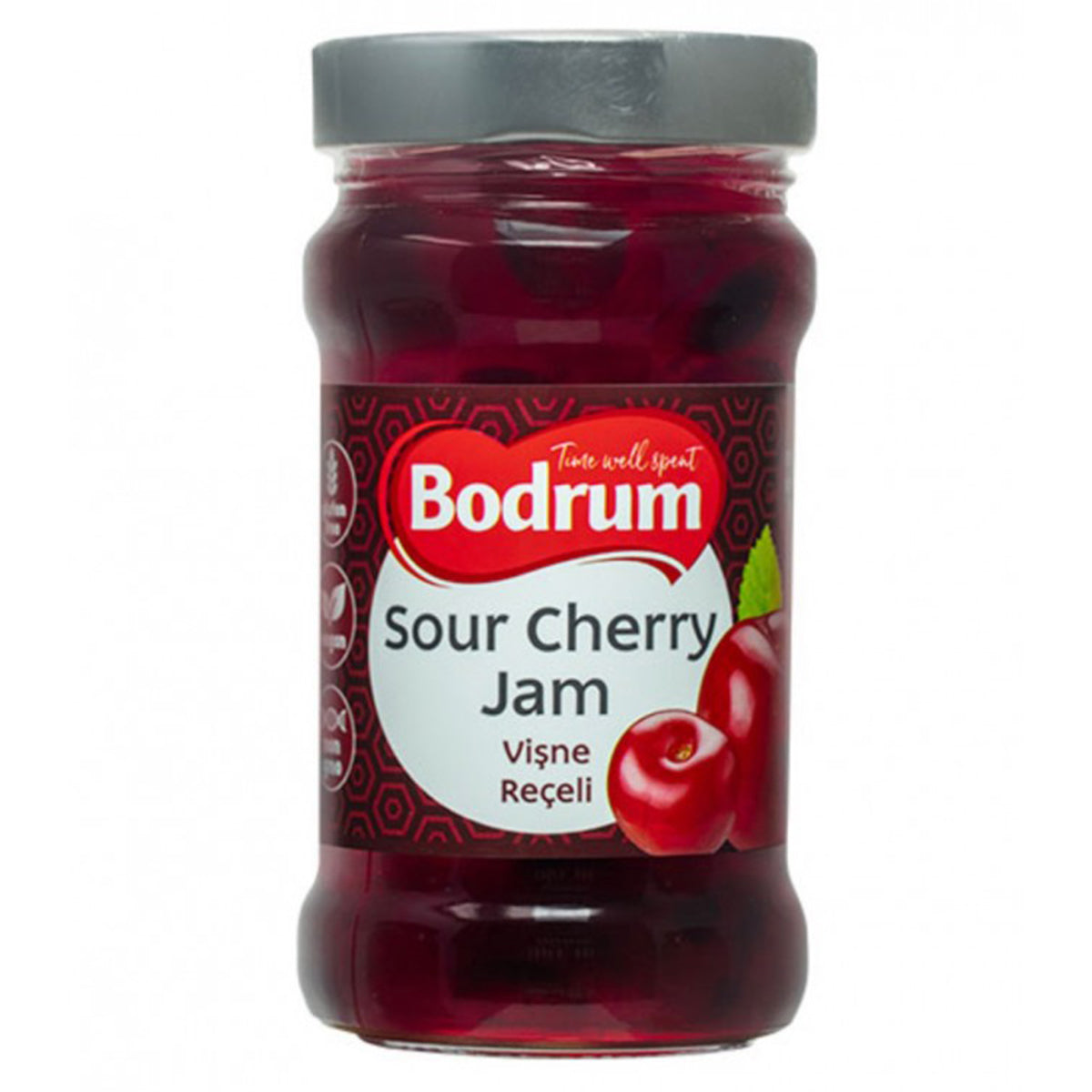 A jar of Bodrum - Sour Cherry Jam - 380g on a white background.