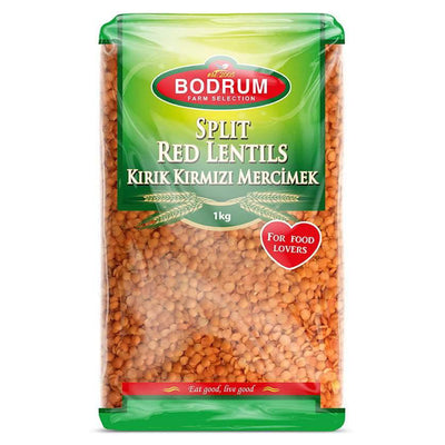 A 1kg pack of Bodrum Split Red Lentils with green and red labeling, featuring English and Turkish text on the packaging.