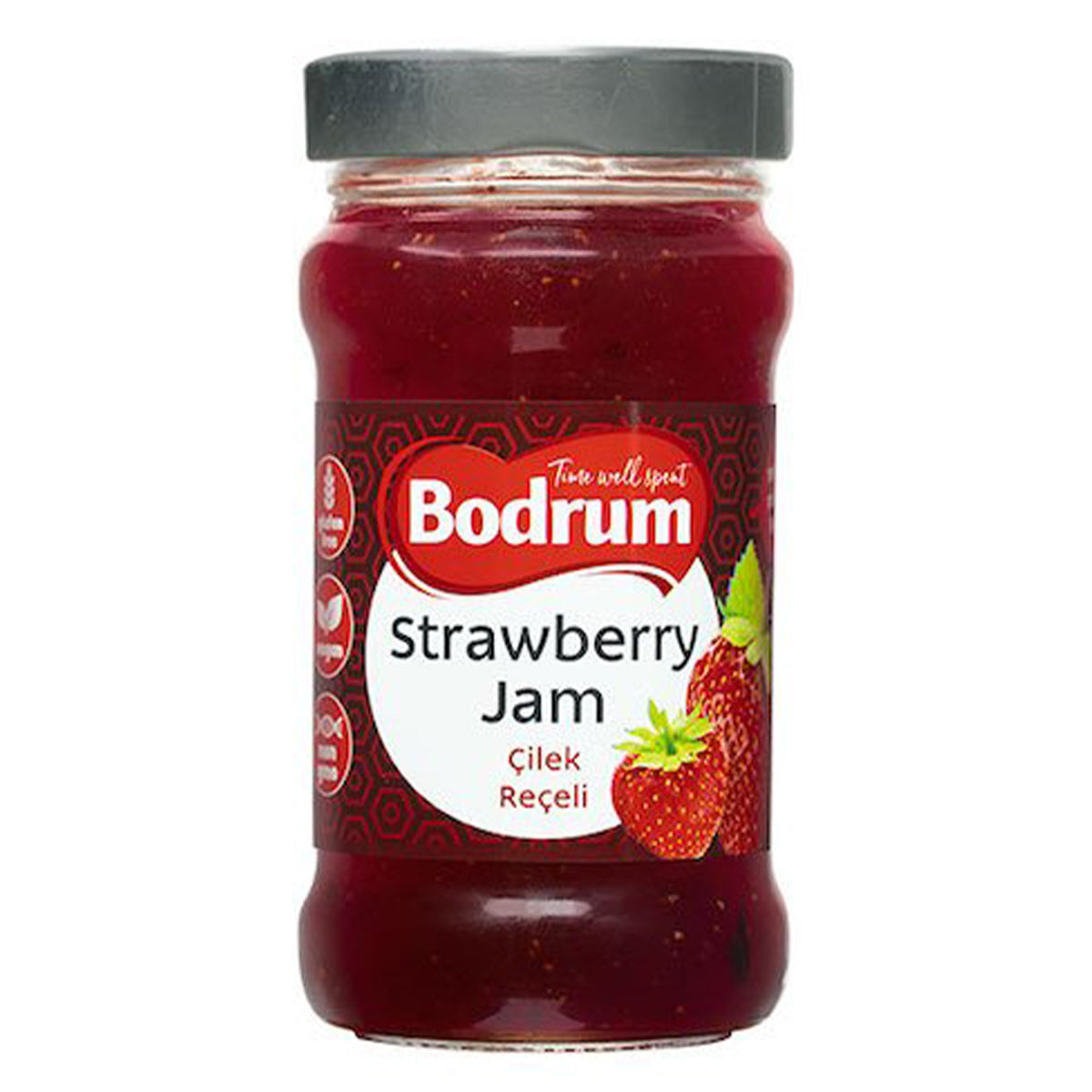 A jar of Bodrum - Strawberry Jam - 380g on a white background.