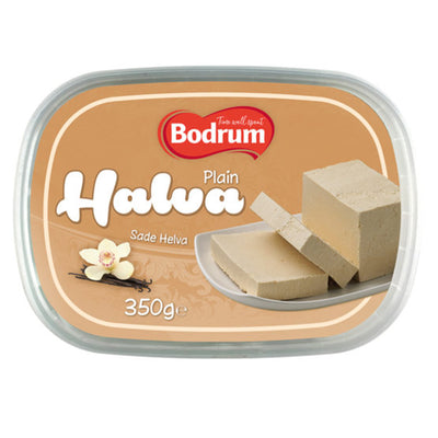 A 350g plastic container of Bodrum - Tahini Halva, featuring sliced halva on a plate and a vanilla flower illustration on the label.