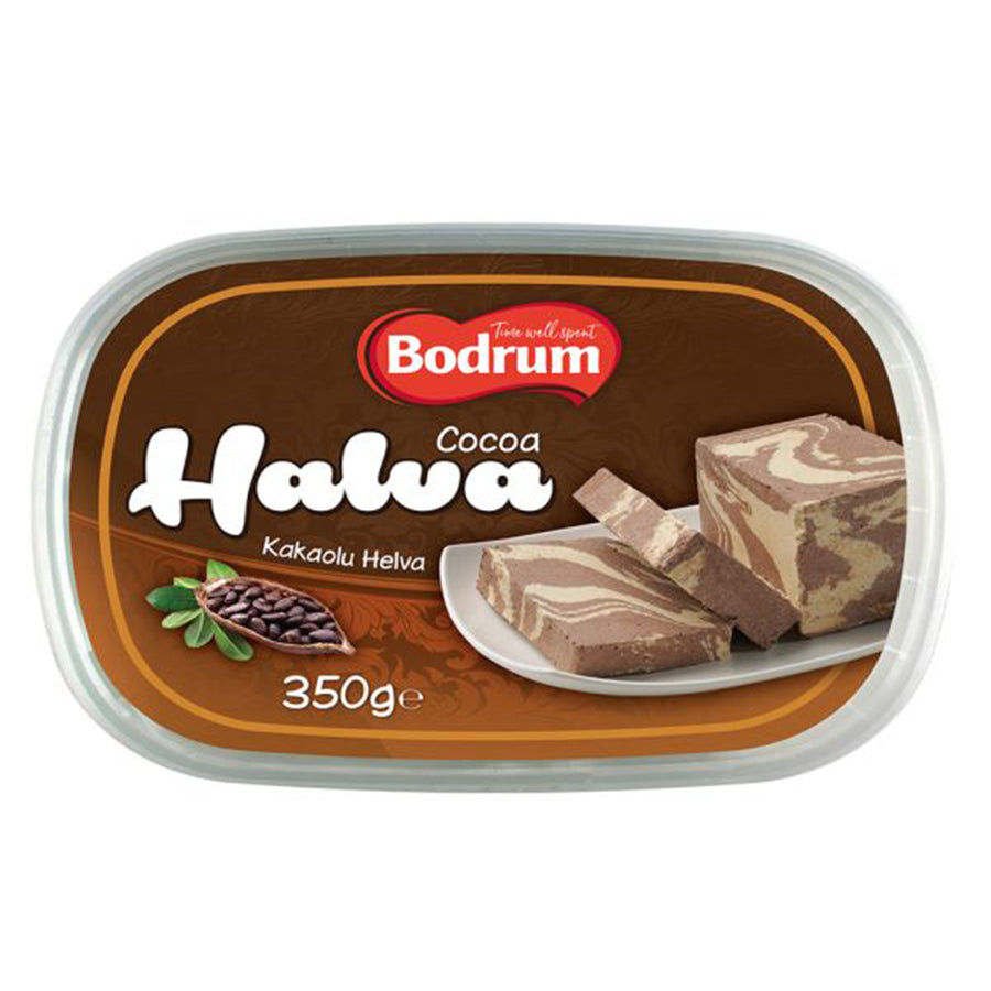 A 350g plastic container of Bodrum Tahini Halva with Cocoa, featuring an image of sliced marbled halva and cocoa beans on the label.