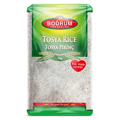 A 1kg pack of Bodrum Tosya Rice features green and red labeling, a clear window displaying the white rice, and "For Food Lovers" printed on the front.