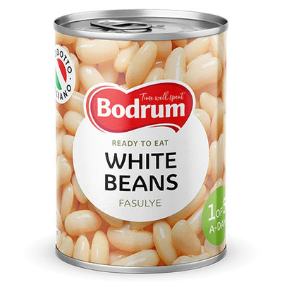 A 400g can of Bodrum brand White Beans, labeled "White Beans Fasulye," with images of white beans in the background.