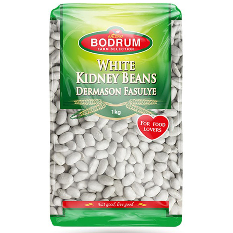 A 1kg package of Bodrum - White Kidney Beans from the Bodrum brand, labeled "Dermason Fasulye," features a green and red design.