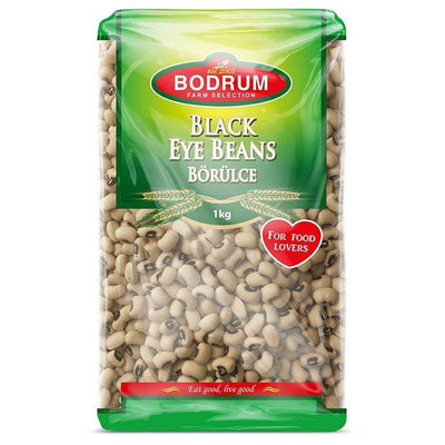 A 1kg package of Bodrum Black Eye Beans (Borulce) from Bodrum, featuring a green and red label with beans visible through the clear packaging.
