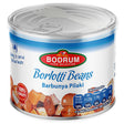A 400g can of Bodrum Borlotti Beans in Tomato Sauce, labeled with vegan-friendly ingredients, nutrition details, and Bodrum branding.