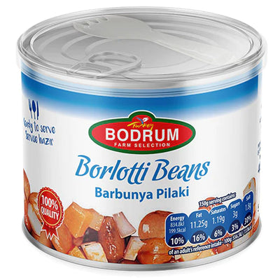 A 400g can of Bodrum Borlotti Beans in Tomato Sauce, labeled with vegan-friendly ingredients, nutrition details, and Bodrum branding.
