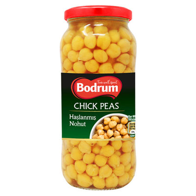 A 540g glass jar of Bodrum Chick Peas with a red lid, filled with yellow chickpeas and labeled in English and Turkish.