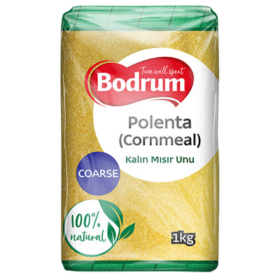 A 1kg pack of Bodrum Coarse Polenta Bramata, labeled "100% natural" with green accents on the packaging.
