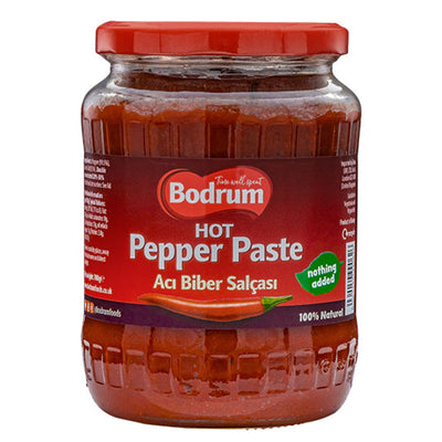 Bodrum Hot Pepper Paste - 700g features a red lid and "Aci Biber Salçası" on the label, with text stating "nothing added" and "100% natural.