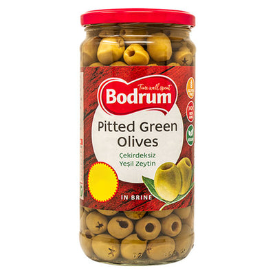Bodrum - Pitted Green Olives - 720g, premium olives in brine with a red lid and bilingual label, perfect for Mediterranean recipes.