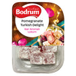 A 200g package of Bodrum Pomegranate Turkish Delight features six pomegranate-flavored pieces, dusted with powdered sugar and displayed in a clear plastic container.
