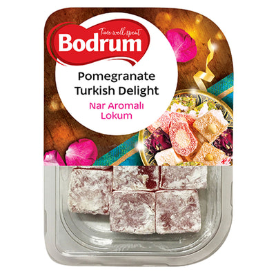 A 200g package of Bodrum Pomegranate Turkish Delight features six pomegranate-flavored pieces, dusted with powdered sugar and displayed in a clear plastic container.