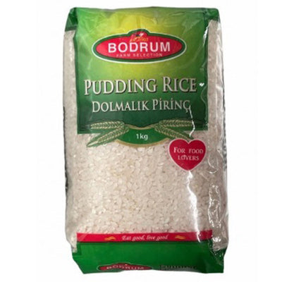 A 1kg pack of Bodrum - Pudding Rice, branded as Bodrum, features green and red packaging with “Dolmalık Pirinç” and “For Food Lovers” on the label.