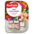 A 200g plastic tray of Bodrum - Rose Turkish Delight cubes, dusted with powdered sugar and decorated with rose petals, presented in decorative packaging and labeled with the Bodrum brand name.