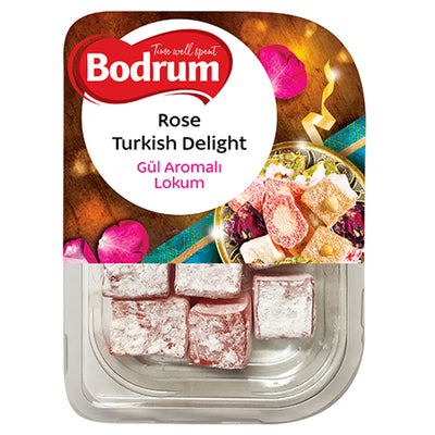 A 200g plastic tray of Bodrum - Rose Turkish Delight cubes, dusted with powdered sugar and decorated with rose petals, presented in decorative packaging and labeled with the Bodrum brand name.
