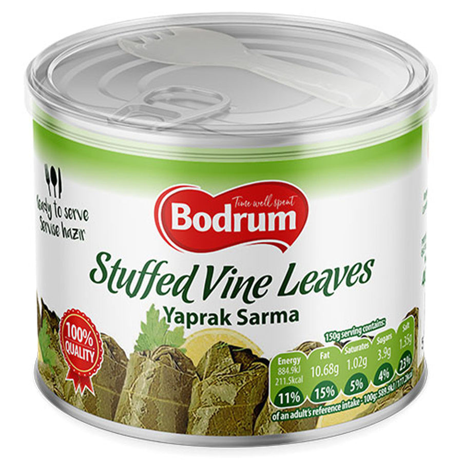 A 400g can of Bodrum Stuffed Vine Leaves, a Mediterranean appetizer called "Yaprak Sarma," features nutritional info and a 100% quality badge on the front.