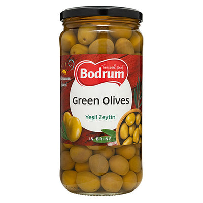 A 720g glass jar of Bodrum Whole Green Olives, featuring a red and white Bodrum label and visible whole green olives inside.