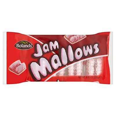 A 250g pack of Bolands - Jam Mallows features pink and white marshmallow biscuits with a jam center, shown on a red background.