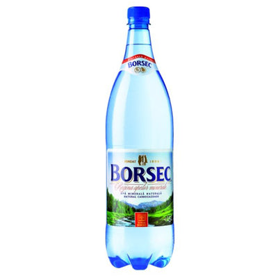 A 1.5L Borsec Sparkling Mineral Water in a clear plastic bottle with a blue cap and Borsec branding on the label.
