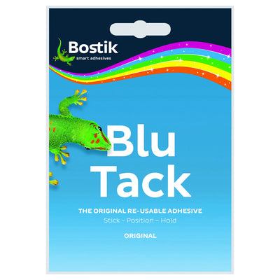 Front of a Bostik - Blu Tack package featuring a green gecko, rainbow stripe, and text promoting it as the original reusable adhesive by Bostik.