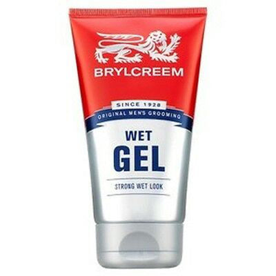 Brylcreem Wet Hair Gel 150ml delivers a strong hold and lasting wet-look finish, presented in red and silver packaging labeled "Original Men's Grooming" and "Strong Wet Look.