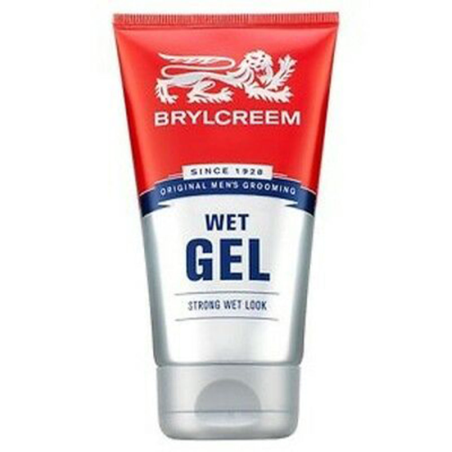 Brylcreem Wet Hair Gel 150ml delivers a strong hold and lasting wet-look finish, presented in red and silver packaging labeled "Original Men's Grooming" and "Strong Wet Look.