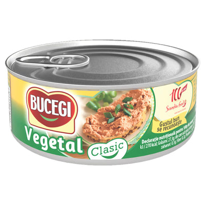 A 120g can of Bucegi Vegetable Pate (Vegetal Clasic), a plant-based spread, displays Bucegi branding and an image of the pate garnished with chives.