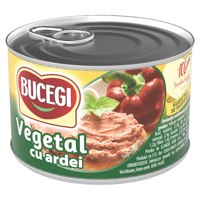 A 200g can of Bucegi Vegetable Pate with Paprika Peppers (Vegetal Ardei) features an image of the vegetarian spread on bread and red peppers on the label.
