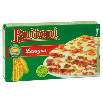 A 250g box of Buitoni Lasagne Sheets features green packaging with wheat graphics, an image of cooked lasagna, and "oven ready" text on the front.