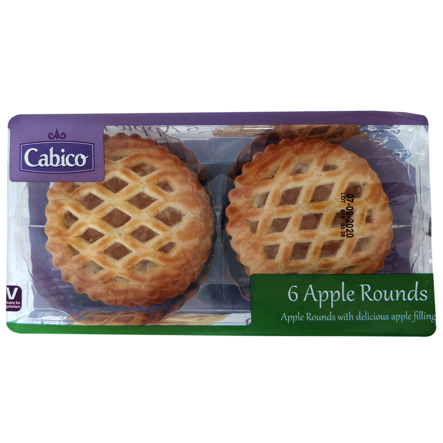 A plastic pack of six Cabico Apple Rounds (300g) with lattice tops; label states "6 Apple Rounds—Apple snack with delicious apple filling, perfect as a premium snack." Brand: Cabico.